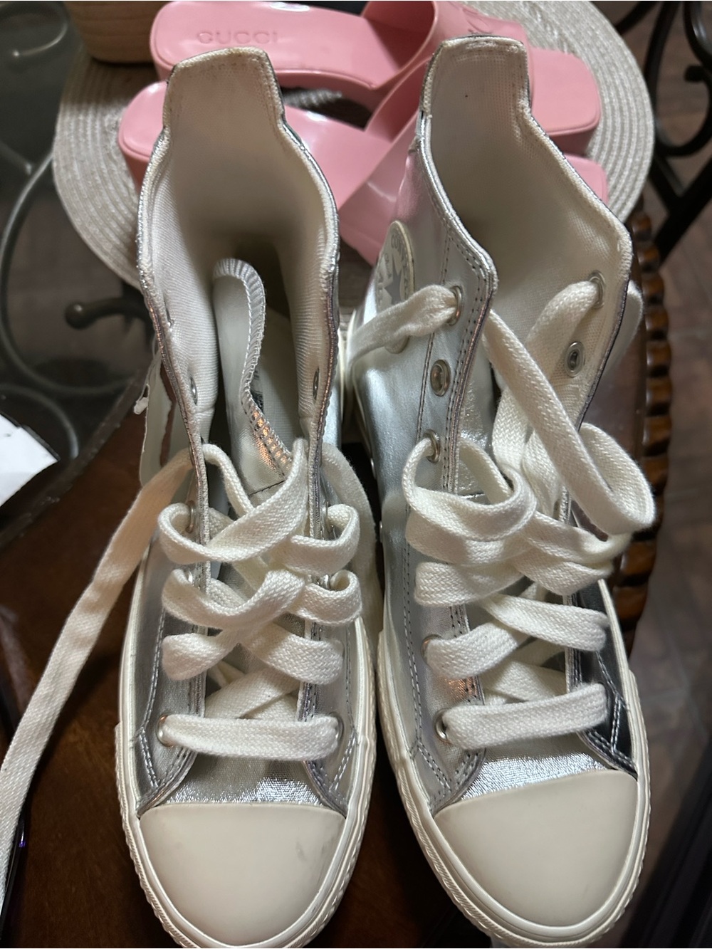 Converse High Top Sneakers in White and Silver